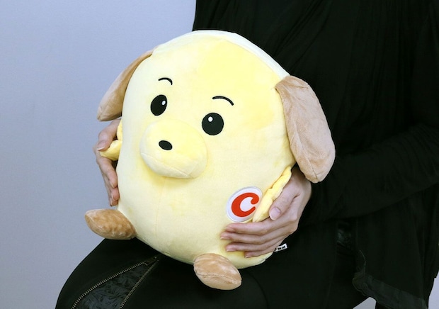 女性がカスタム君のぬいぐるみを膝に乗せて抱えている 女性がカスタム君のぬいぐるみを膝に乗せて抱えている