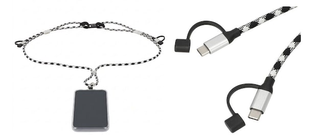 黒白の編み込みスマホショルダーストラップとType-C端子 黒白の編み込みスマホショルダーストラップとType-C端子