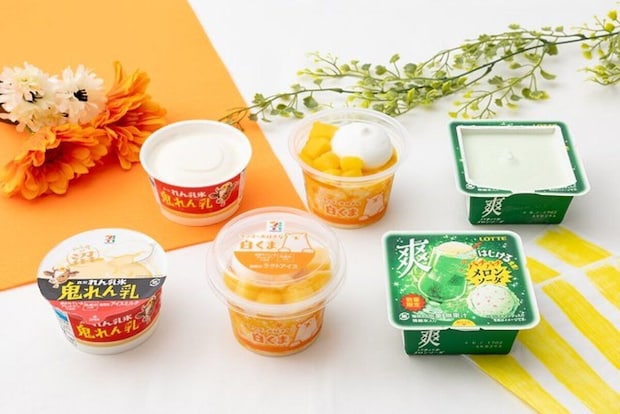 セブン新作アイス3種が花や葉と共に並ぶ商品集合写真