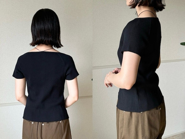 黒カーデを着た女性の後ろ姿と横向き姿