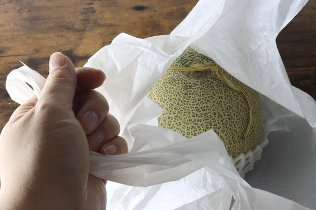 レジ袋にメロンを入れ、手で持ち上げようとしている様子