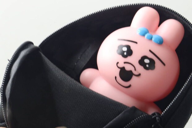 ミニリュックからピンクのうさぎのぬいぐるみが顔を出す