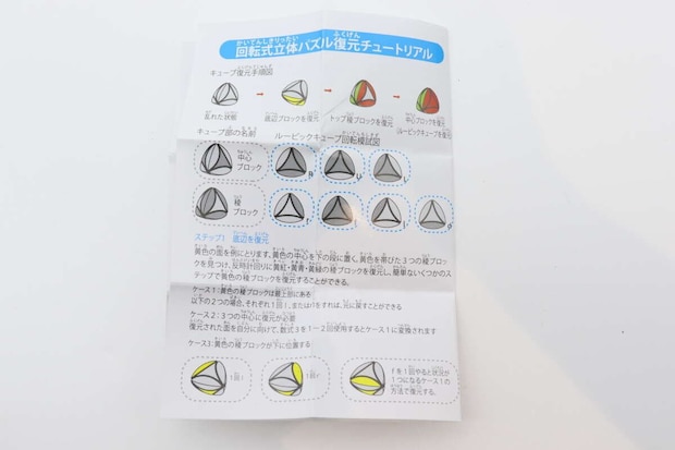回転式立体パズルの復元手順が図解で示された説明書 回転式立体パズルの復元手順が図解で示された説明書