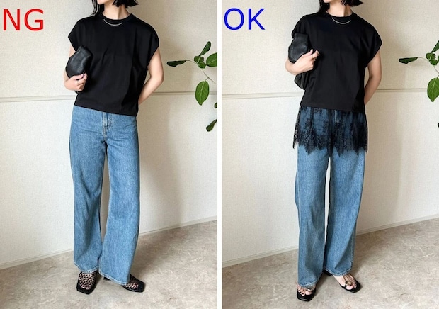 黒TシャツとデニムのNGコーデとレースキャミを重ねたOKコーデの比較