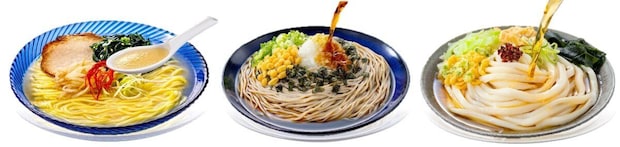 3種類のご当地冷やし麺が並び、つゆをかけている様子