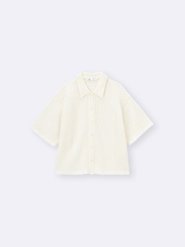 白の透かし編み5分袖ニットシャツ
