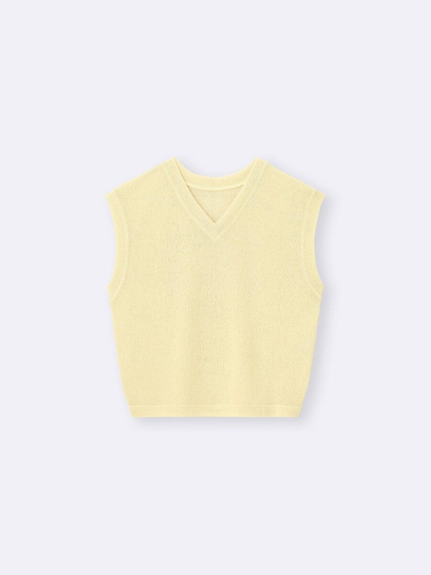 淡い黄色のループヤーンVネックTシャツ