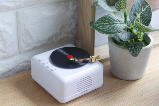 レコードプレーヤー型スピーカーと観葉植物が棚に並ぶ