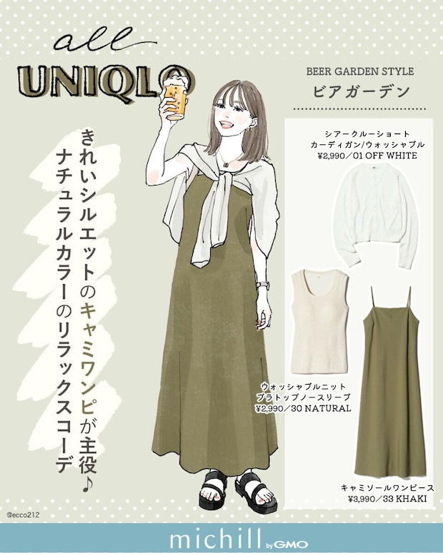 ビールジョッキを持つ女性のイラストとユニクロ商品の紹介