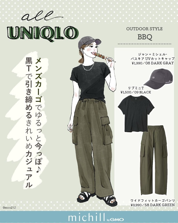 串焼きを持つ女性のイラストとユニクロ商品の紹介