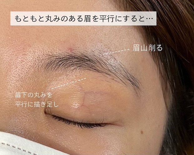 もともと丸みのある眉を平行にすると不自然になる例