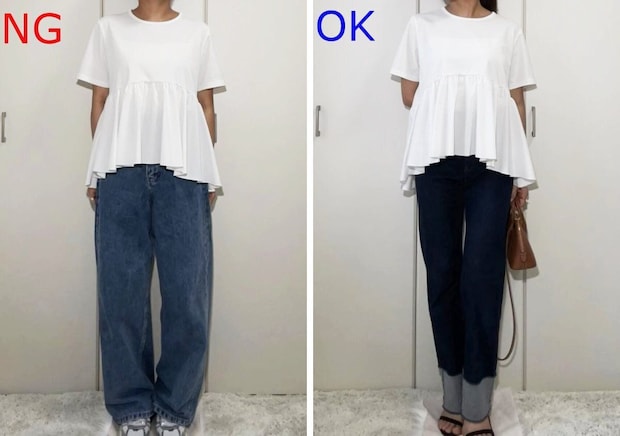 白いTシャツにワイドデニムとストレートデニムを合わせた着こなし比較