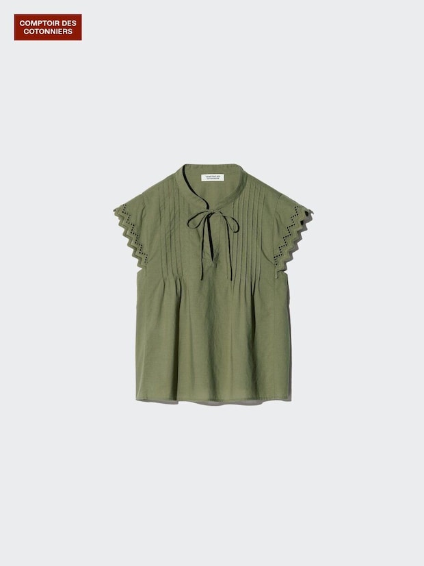カーキ色の刺繍入りコットンノースリーブブラウス カーキ色の刺繍入りコットンノースリーブブラウス