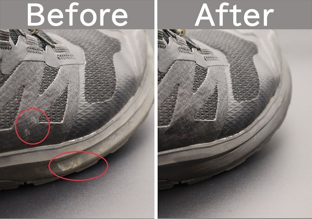 黒いスニーカーのつま先部分の汚れがウェットシートで落ちたBefore/After比較 黒いスニーカーのつま先部分の汚れがウェットシートで落ちたBefore/After比較