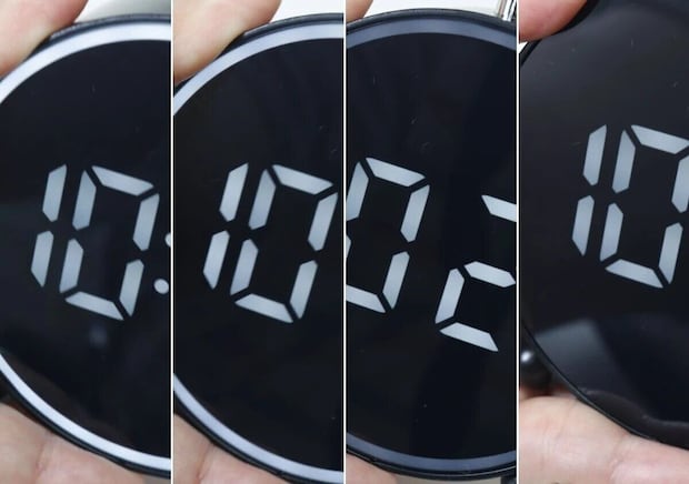 黒いLEDデジタル時計の表示が切り替わる様子を4分割で示す 黒いLEDデジタル時計の表示が切り替わる様子を4分割で示す