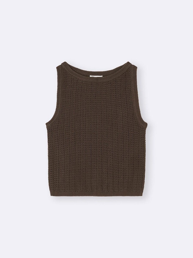 茶色のざっくり編みボートネックニットタンクトップ