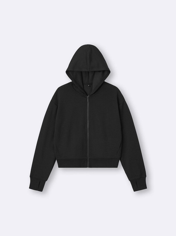 黒いUVカットフルジップパーカがジッパーを閉じて置かれている 黒いUVカットフルジップパーカがジッパーを閉じて置かれている