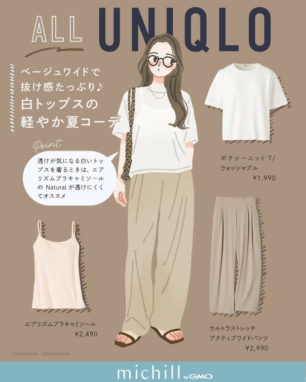 白トップスとベージュワイドパンツの女性イラスト、商品情報も記載