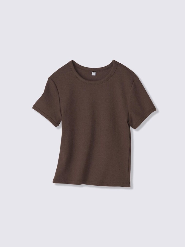 無地のブラウンの半袖リブクルーネックTシャツを平置きで撮影 無地のブラウンの半袖リブクルーネックTシャツを平置きで撮影