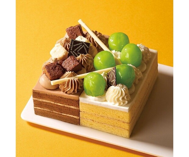 シャインマスカットとチョコレートの四角いデコレーションケーキ