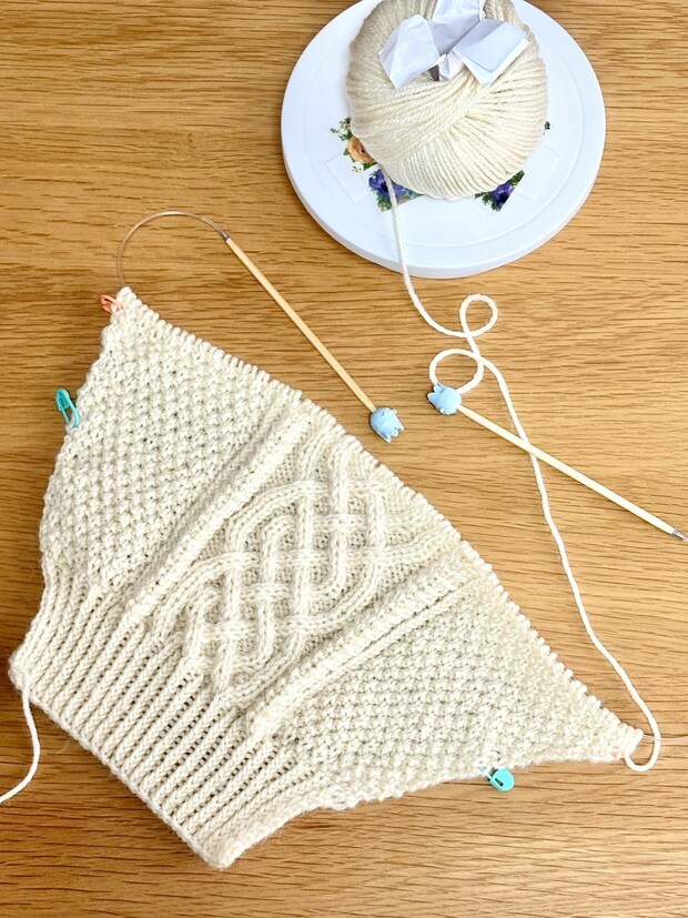 カーディガンを編んでいたら、ふとアイデアを思い付いて……　印象激変のスゴ技に「ててて天才ですか!?」「ショートケーキみたい」