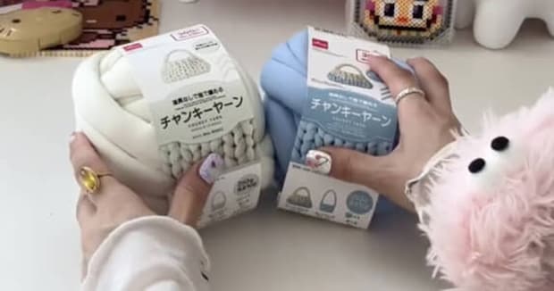 “ダイソーの極太糸”をセリアのクッションにぐるぐる巻きつけて編むと…… 「すご〜い!」 完成品に驚き「天才すぎるっ」