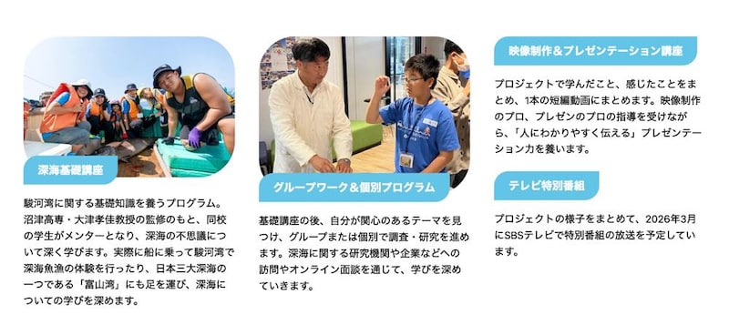 ●深海基礎講座
駿河湾に関する基礎知識を養うプログラム。沼津高専・大津孝佳教授の監修のもと、同校の学生がメンターとなり、 深海の不思議について深く学びます。 実際に船に乗って駿河湾で深海魚漁の体験を行ったり、 日本三大深海の
一つである 「富山湾」 にも足を運び、 深海についての学びを深めます。

●グループワーク&個別プログラム
基礎講座の後、 自分が関心のあるテーマを見つけ、グループまたは個別で調査研究を進め
ます。 深海に関する研究機関や企業などへの訪問やオンライン面談を通じて、 学びを深め
ていきます。

●映像制作 & プレゼンテーション講座
プロジェクトで学んだこと、感じたことをまとめ、1本の短編動画にまとめます。 映像制作
のプロ、プレゼンのプロの指導を受けながら、「人にわかりやすく伝える」プレゼンテー
ション力を養います。

●テレビ特別番組
プロジェクトの様子をまとめて、 2026年3月にSBSテレビで特別番組の放送を予定してい
ます。