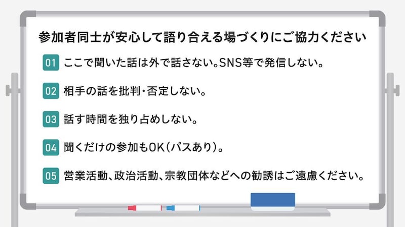 「ひきこもりUX女子会」の場作りのルール

01.ここで聞いた話は外で話さない。SNS等で発信しない。

02.相手の話を批判・否定しない。

03.話す時間を独り占めしない。

04.聞くだけの参加もOK (パスあり)。

05.営業活動、政治活動、宗教団体などへの勧誘はご遠慮ください。
