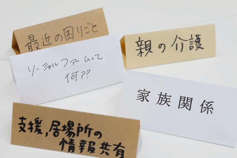 「女子会」でテーブルに置かれるテーマカードの写真。最近の困りごと、ソーシャルファームって何？？、親の介護、家族関係、支援・居場所の情報共有というテーマカードがある。