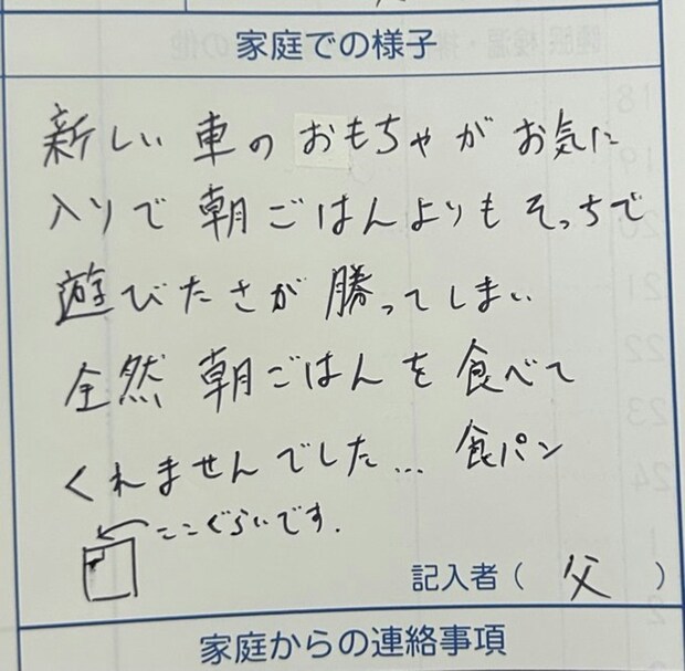 朝食を食べなかった息子→夫が記す【図解付きの連絡帳】に6.5万いいね「わかりやすくて好きw」「素敵」