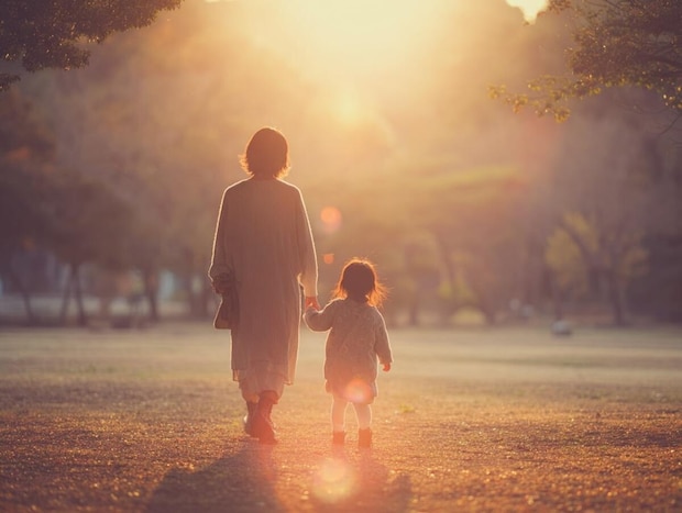 親子　後姿　夕方　子ども