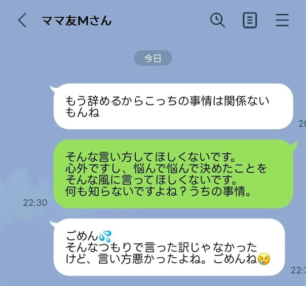 【実録】初めてママ友と揉めた→感情に任せたLINEで関係が崩れ後悔「めんどくさい人ですね…」