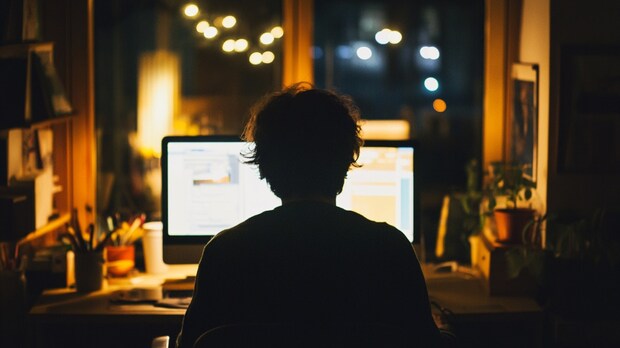 パソコン　男性　自宅　暗い　集中