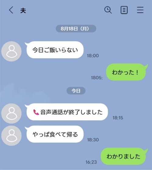 18時に夫から「ご飯いらない」連絡→モヤモヤする妻の声に「妻の苦労知らない」「我慢せずに返信する」
