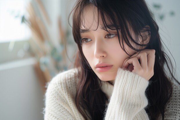 女性　リビング　ロング　俯く