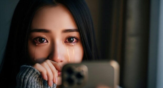 スマホ　女性　夜　泣く
