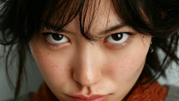 女性　怒り　顔　アップ　睨む