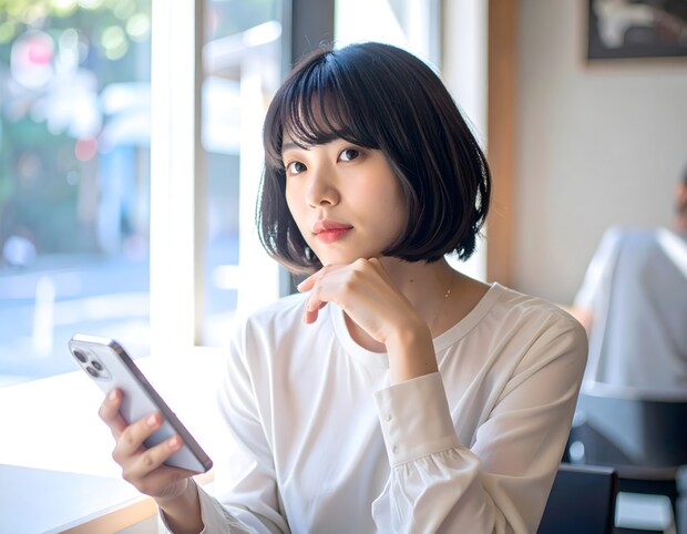 女性　スマホ　横顔　カフェ　真剣