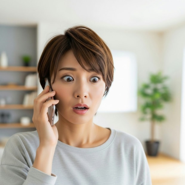 若い女性　電話　家　ショック　通話