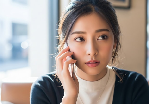 女性　カフェ　スマホ　通話　真面目