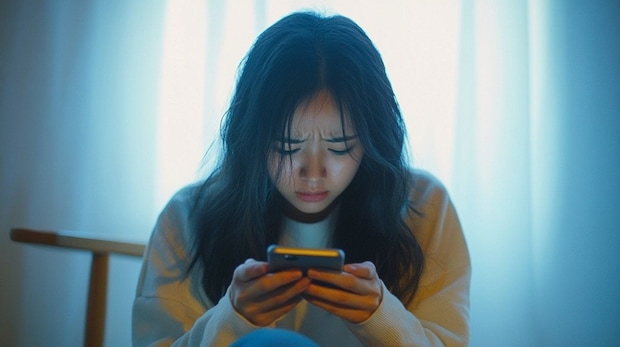 女性　スマホ　部屋　悲しみ　暗い