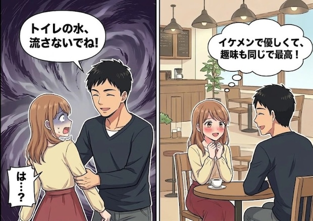 「マチアプでやっと見つけた運命の相手！」相性◎なハイスペイケメンといい雰囲気のままお家デートを楽しむが⇒「トイレの水、流さないで！」ドン引きの一言で思考停止に・・・