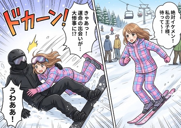 「この華麗な滑り！圧倒的なオーラ！王子様の降臨よおお！」ゲレンデで婚活女子が大暴走！？イケメン風の男性を目がけて滑るが⇒コントロールを失い、意中の彼と激突してしまい・・