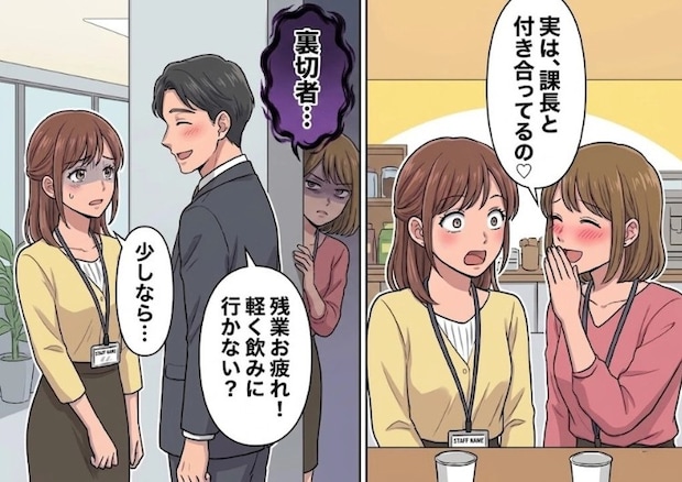 「実は課長と付き合ってるの♡」社内恋愛カップルが喧嘩して仕事が進まず…代わりに大量のタスクを押し付けられた!?残業後、課長に飲みに誘われるが⇒「裏切者」その様子を彼女に見られていて・・・