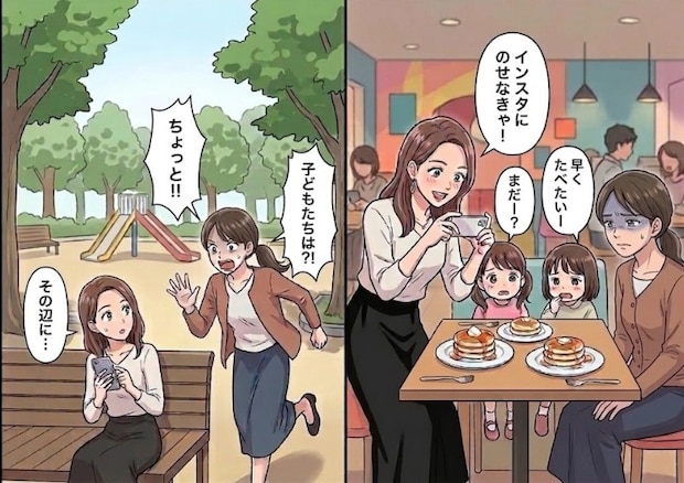 「インスタ用の写真おねがい！ビジュ盛れるように撮ってね！」SNSに依存しすぎで周りが見えないママ友。子どもを見ているように頼んでも目を離され⇒「え、どこにもいない…」まさかの迷子に・・・