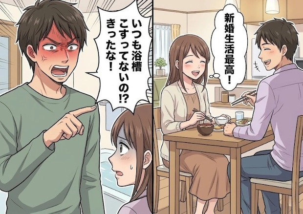 「生理痛がひどいからお風呂掃除お願いしていい？」普段全く家事をしない夫に“時短洗剤”の使い方を教えると⇒「はぁ！？浴槽こすってないのかよ！汚いな！」掃除方法を全否定されて・・・