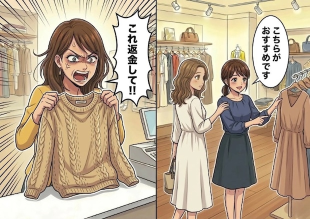 「クリーニングしたら服が縮んだから返金しろ！」平和な接客中にクレーマーが乱入⇒「これ…クリーニングしてませんよね？」先輩の指摘でさらに激怒させてしまい・・・