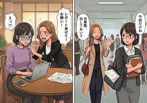 「私の代わりに出席票出しといて♪」「ノート見せてね！」授業をサボり続ける図々しい友人。要求はだんだんエスカレートしていき⇒「お願い！レポート写させて！」信じられない要求まで・・・