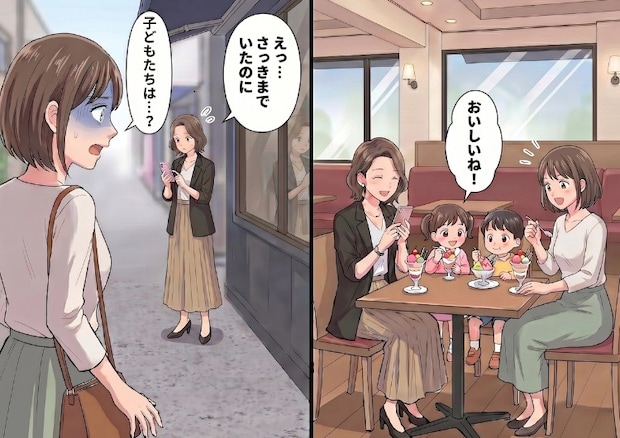「私が写真撮るからみんな食べないで!」一緒にカフェに行ってもスマホ操作ばかりのママ友。忘れ物をしてしまったので彼女に子どもたちを頼むと⇒「あれ、いない…?」子どもたちがいなくなっていて・・・
