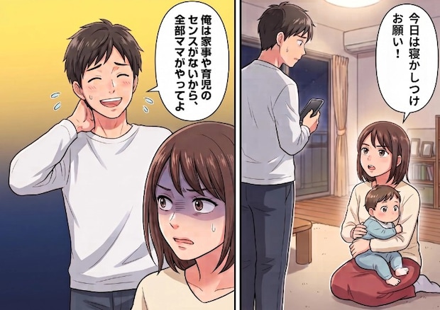 「えっ、俺が寝かしつけするの!?」父親なのに当事者意識ゼロ!やる気のない戦力外夫が衝撃発言⇒「センスが無いから家事・育児は全部ママがやってw」何もかも妻に押し付けて・・・